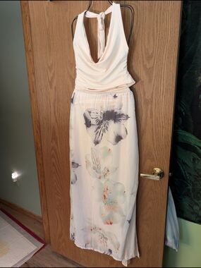 NWOT Cream Halter Maxi Dress with Removable Floral Sheer Print-2 Way Maxi Skirt